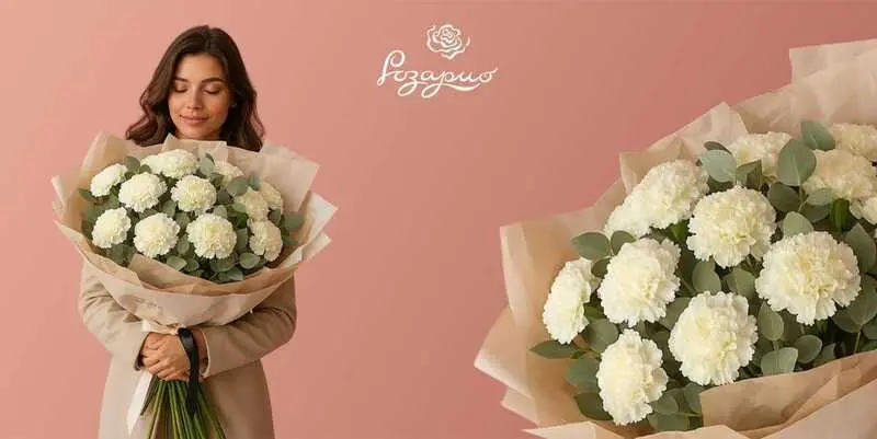 Огромный букет кремовых гвоздик, фронтальный вид, в руках у девушки