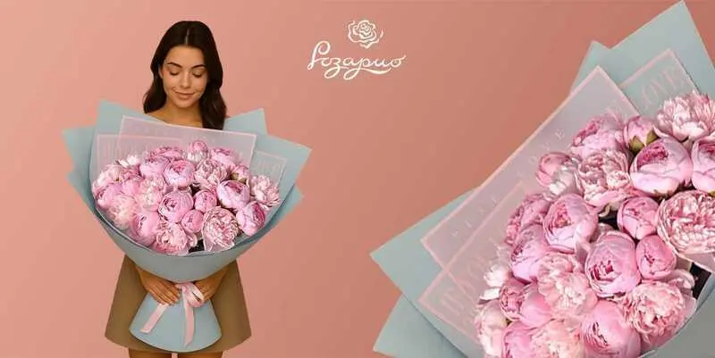 Большой букет розовых пионов, фронтальный вид, в руках у девушки