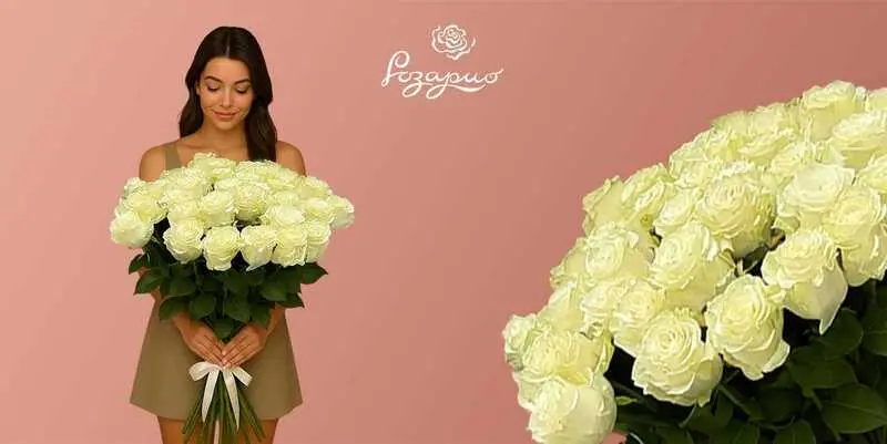 Большой букет из 31 белых роз, фронтальный вид, в руках у девкшки